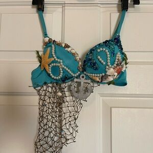 Mermaid Themed Blue Bra with Seashells and Netting